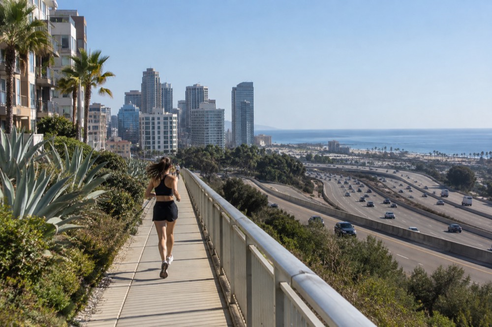 Freeway lanes curving along a coastal bluff with the ocean on the horizon