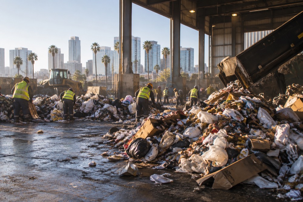 A transfer station tipping floor with workers sorting household waste into separate piles