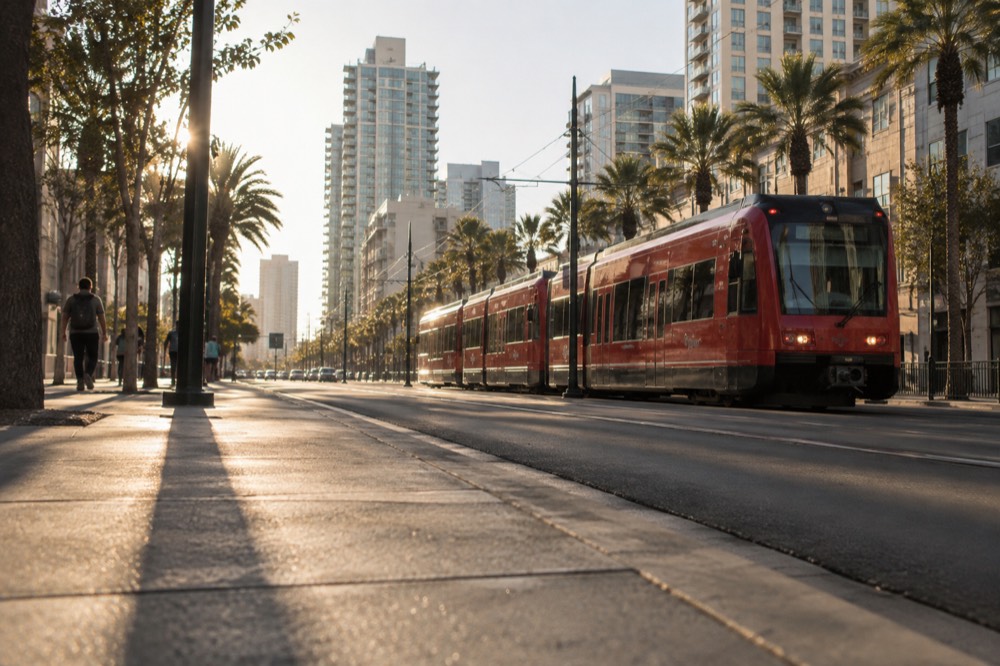 Trolley passing through a downtown San Diego street
