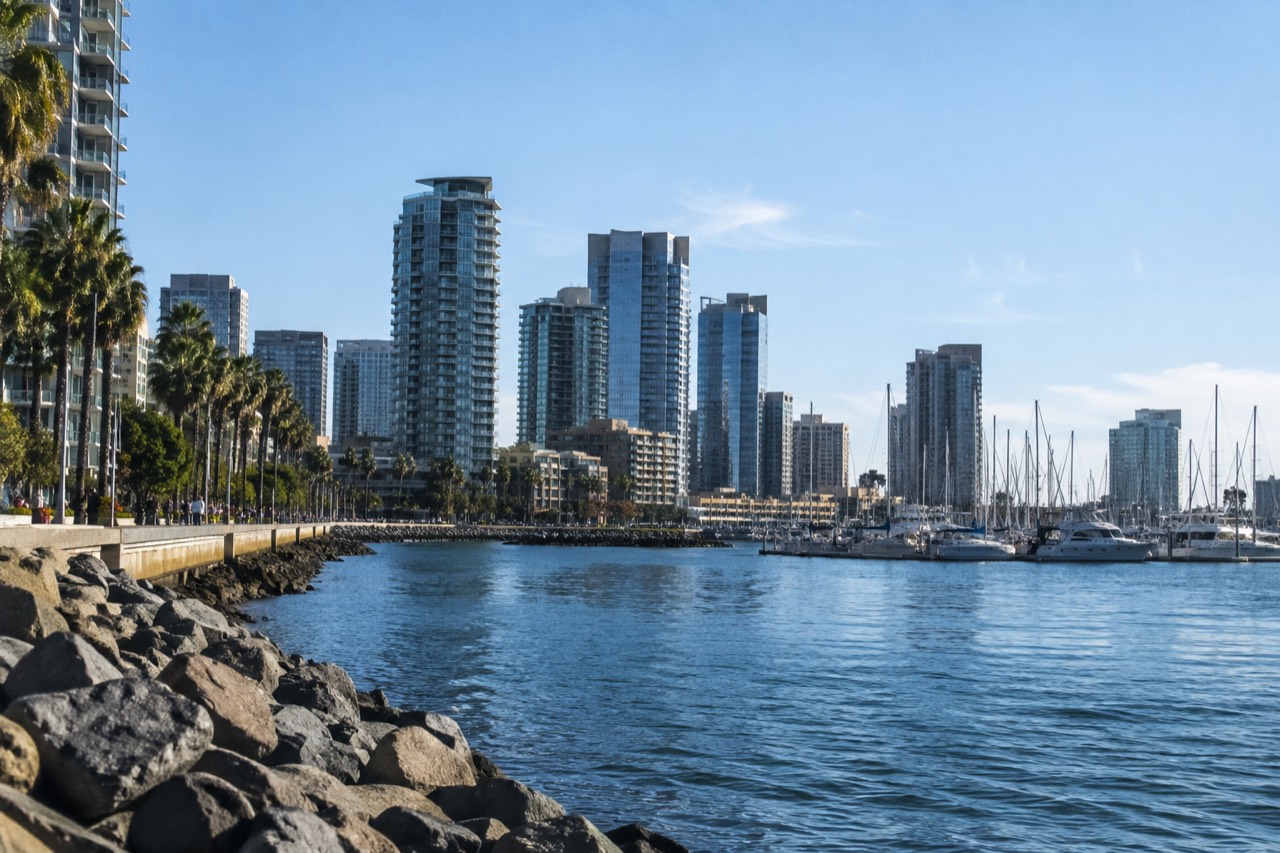 Downtown San Diego skyline and harbor on a clear afternoon