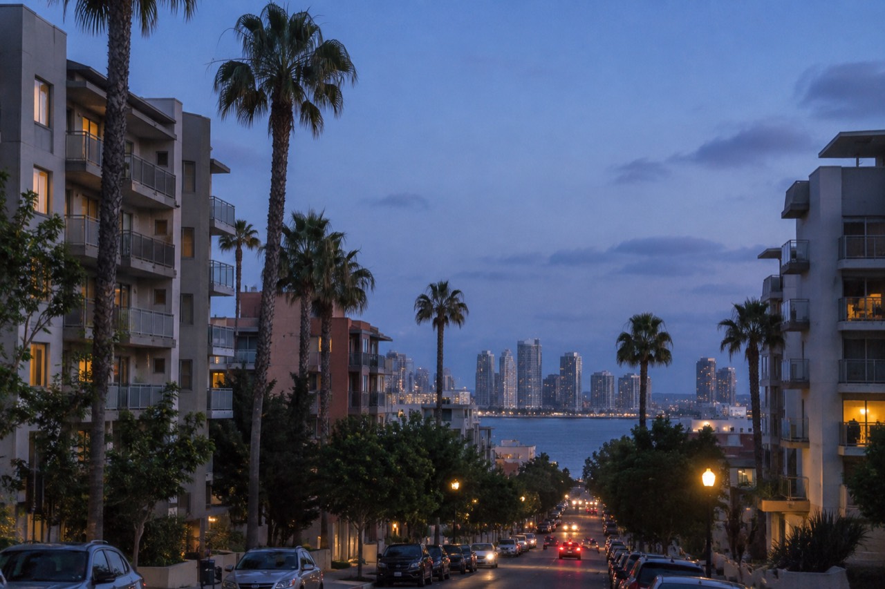 Apartment buildings and palm trees along a San Diego street