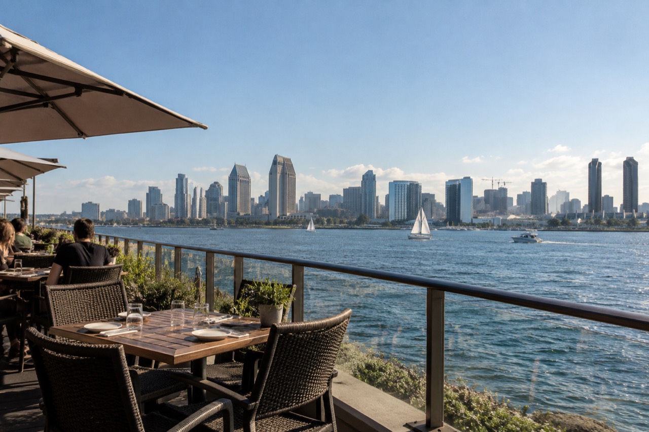 Waterfront restaurant terrace overlooking San Diego Bay and the downtown skyline