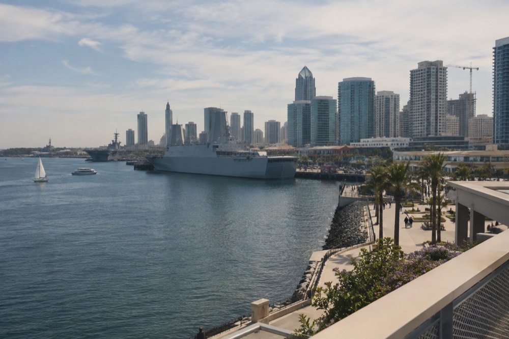 Waterfront promenade with ships and city towers behind them in San Diego