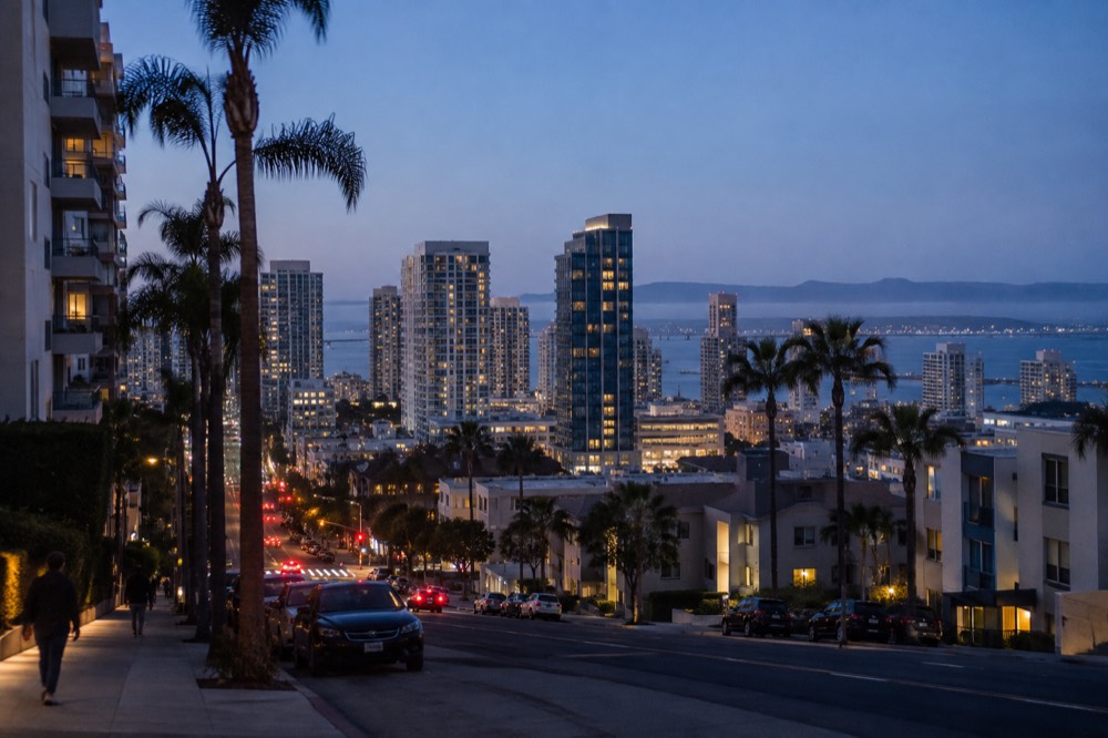 Wide view of a San Diego hotel district with palm-lined roads and distant mesas under a clear sky