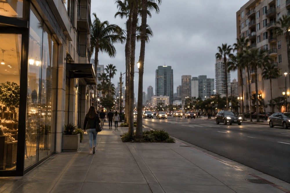 Evening view over a San Diego shopping district with lit storefronts and palm trees along a wide road