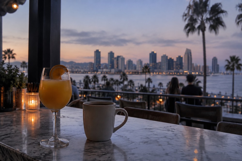 A brunch cocktail with orange juice beside a coffee cup on a marble bar top