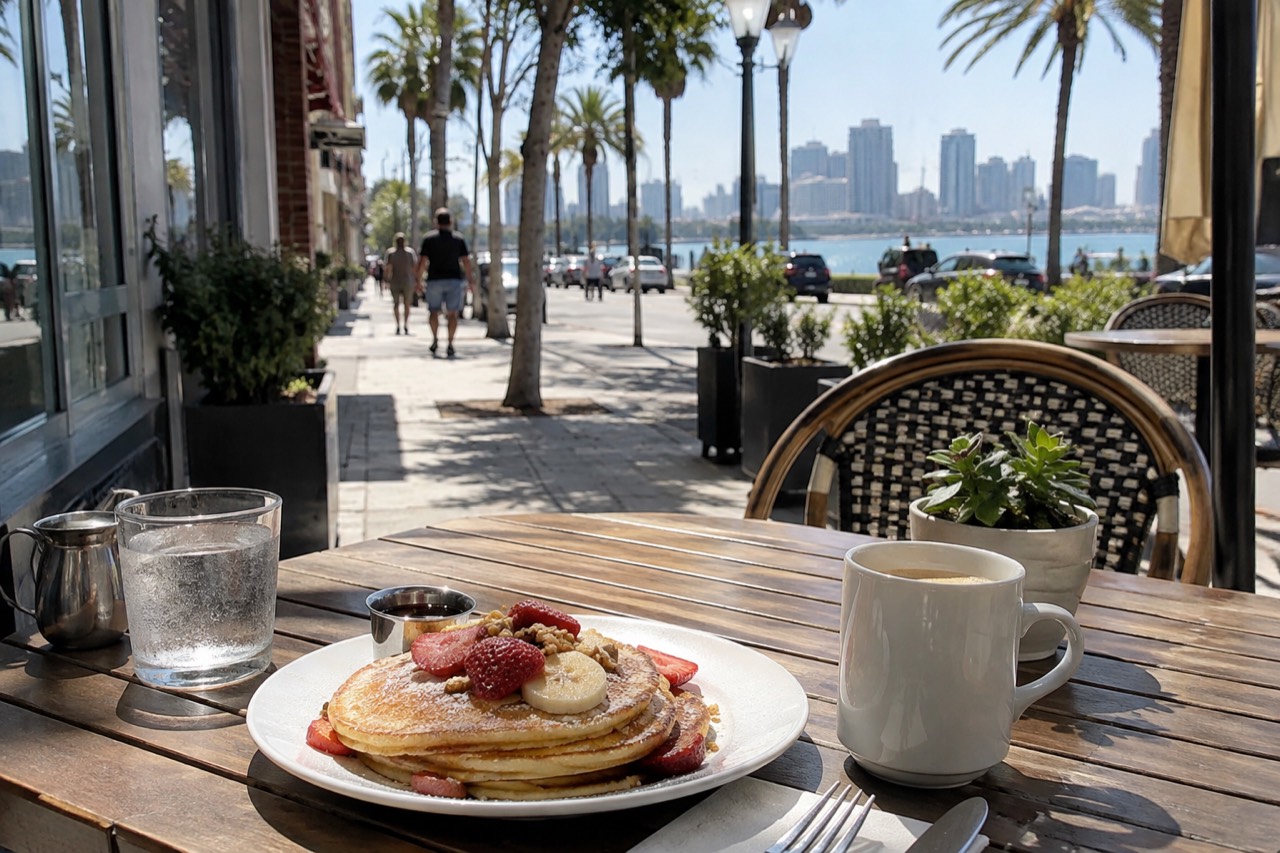 A sunny brunch table with coffee and pancakes on a sidewalk patio outside a small restaurant