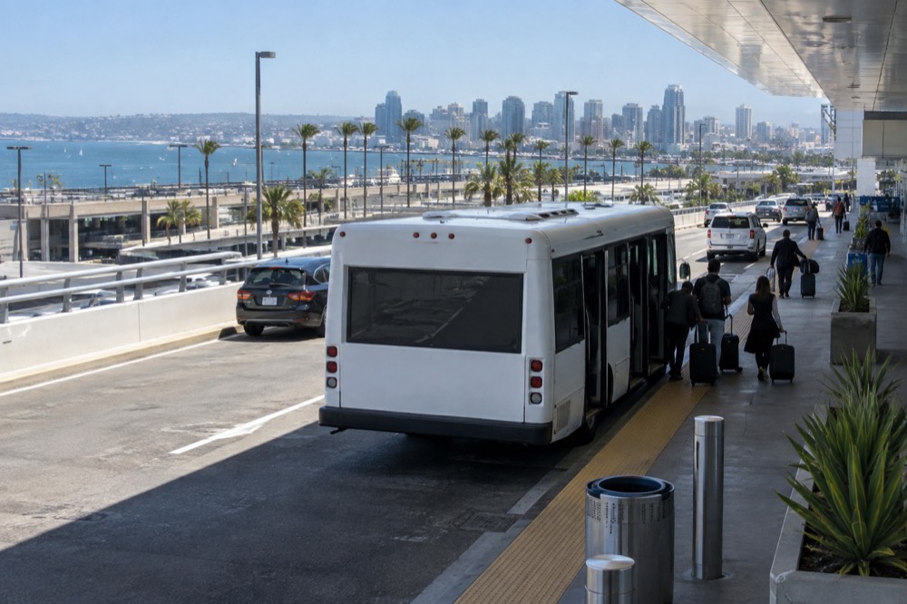A shuttle bus parked at a curbside pickup zone outside an airport terminal