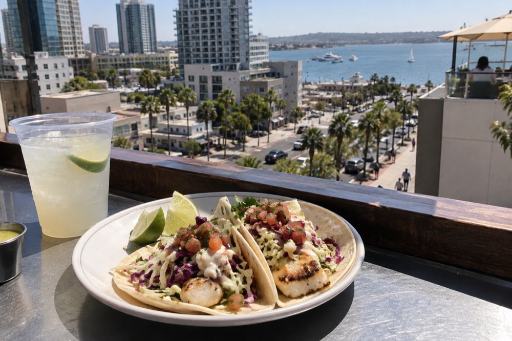 Fresh fish tacos served on a plate at an outdoor counter