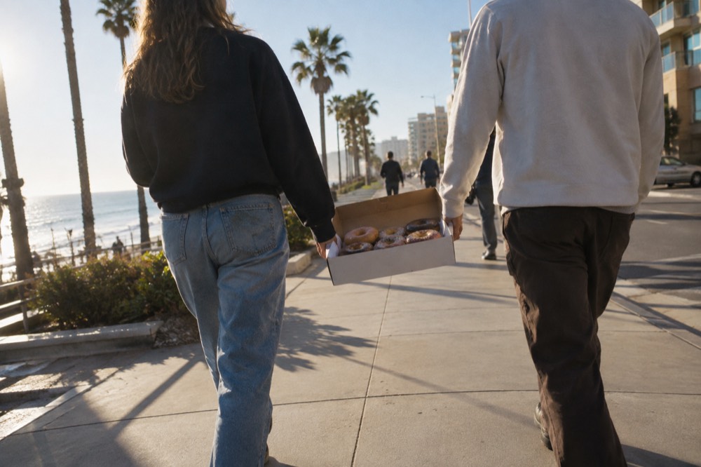 Two people carrying a box of donuts along a sunny sidewalk near the beach