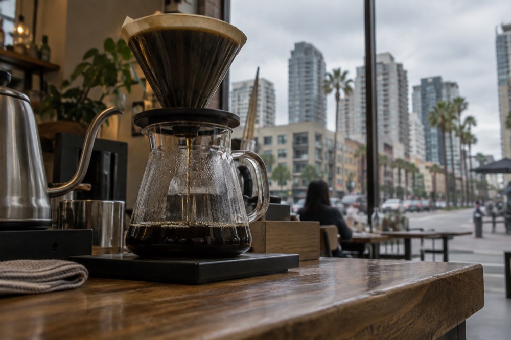 A pour-over coffee brewing into a glass carafe on a wooden cafe counter