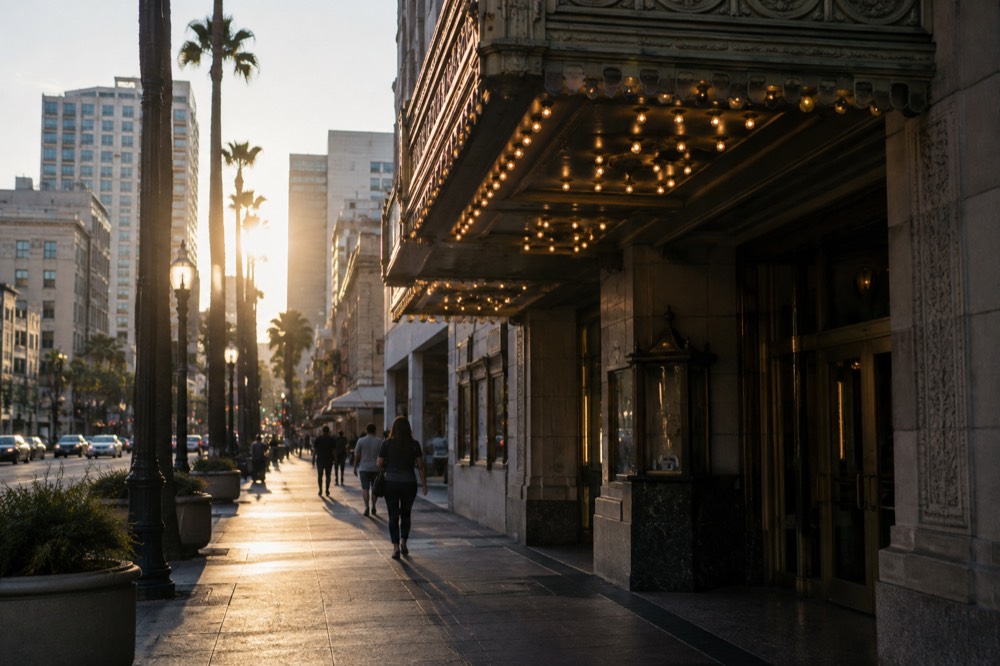 A historic downtown theater marquee lit up at night on a city street