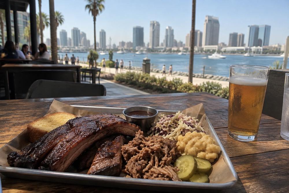 A smoked barbecue platter with ribs and pulled pork on a wooden table beside a beer