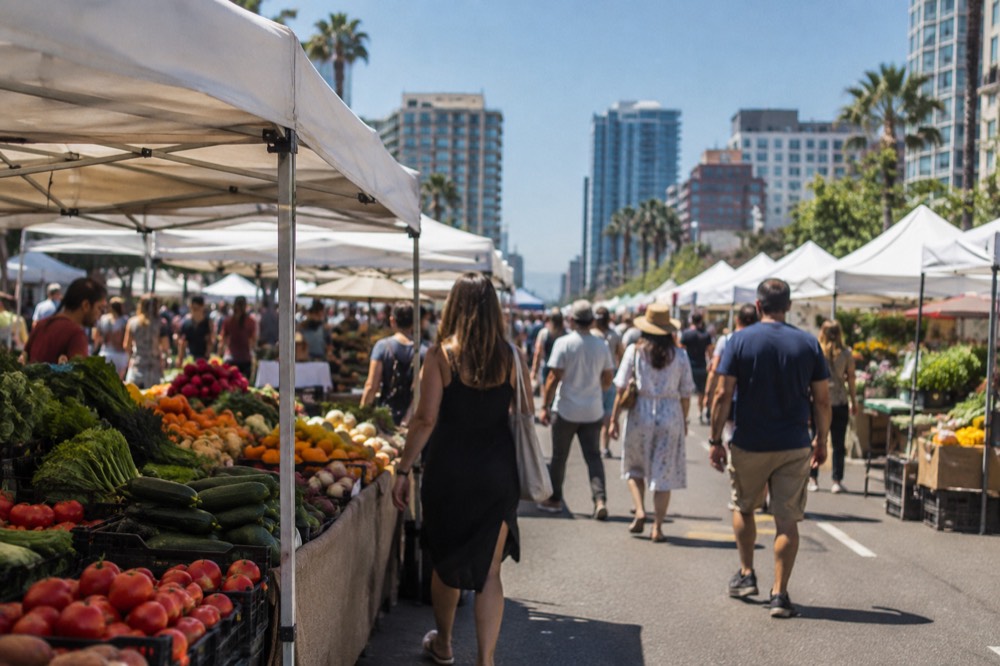 Farmers market stalls with produce under white canopies on a sunny street