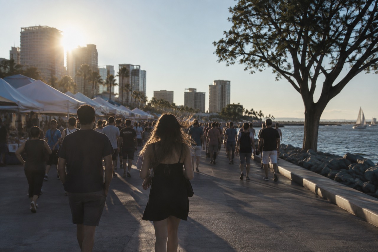 Festival tents and crowds along a waterfront promenade in San Diego on a sunny afternoon