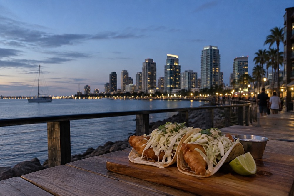 Battered fish tacos with shredded cabbage and lime on a wooden board