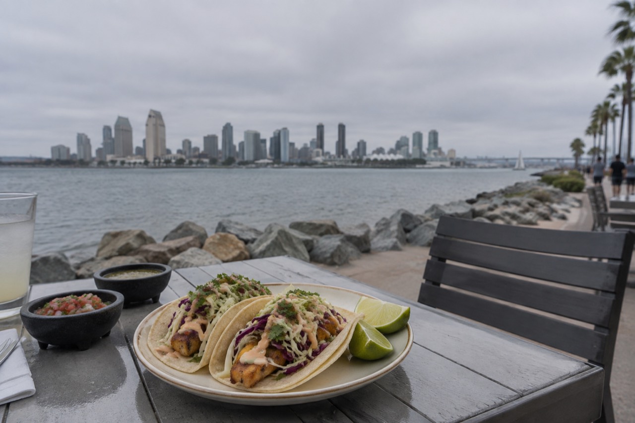 A plate of Baja-style fish tacos on a seaside table with lime wedges and salsa