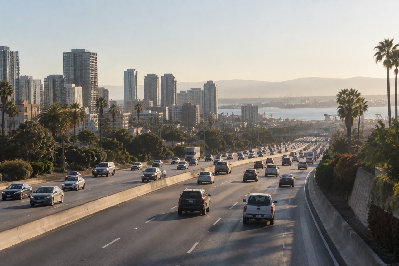 A wide freeway with multiple lanes of traffic stretching toward distant hills under a hazy sky