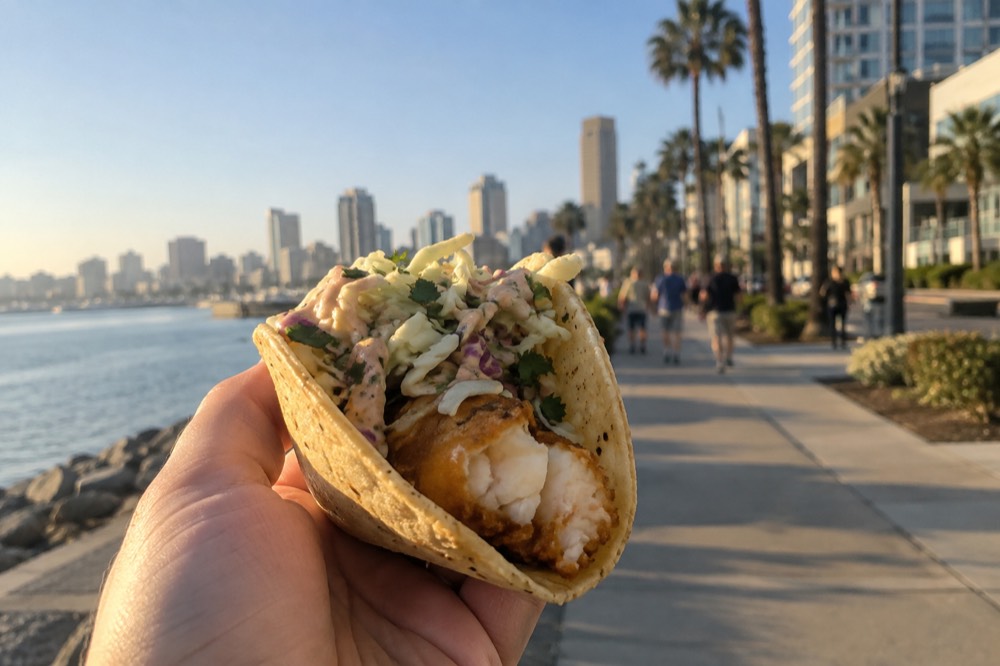 A close-up of a battered fish taco held in a corn tortilla with cabbage slaw