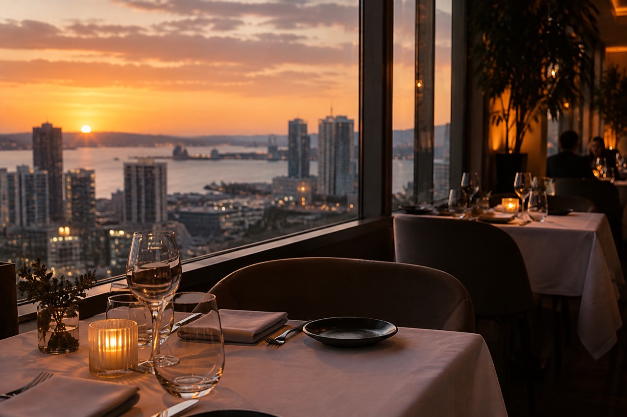 An elegant restaurant dining room at dusk with tables set along a window