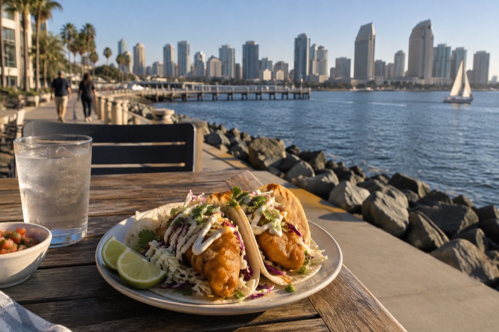 A plate of battered fish tacos with cabbage and cream on a seaside table