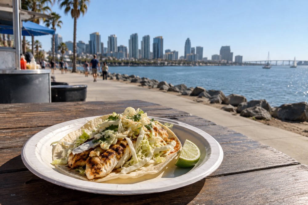 A grilled fish taco with cabbage and lime served on a paper plate at a beachside stand