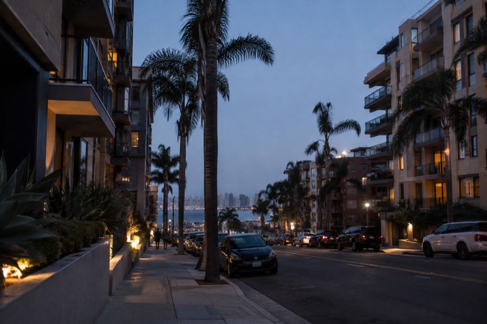 Apartment buildings along a San Diego street with palm trees under a clear sky