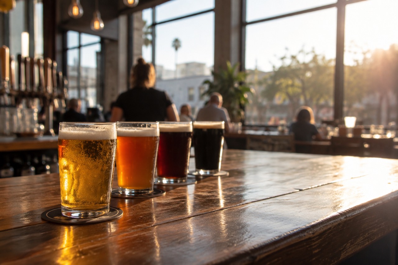 Glasses of craft beer lined up on a wooden bar counter in a San Diego taproom