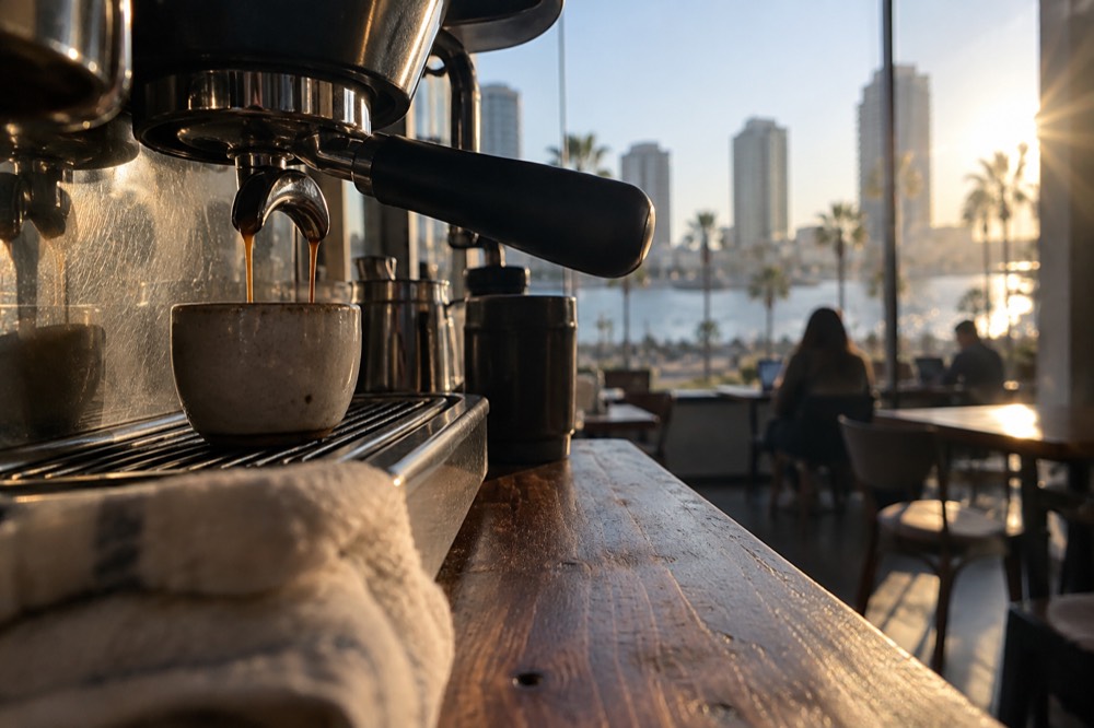 An espresso machine pulling a shot on a wooden cafe counter
