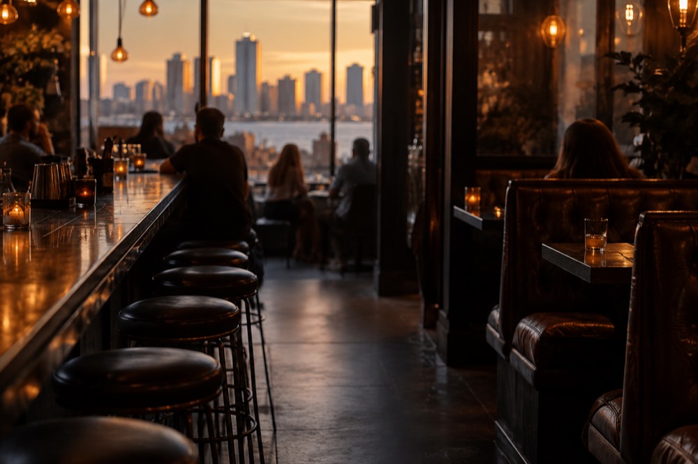 A dimly lit bar interior with leather booths and warm Edison bulb lighting