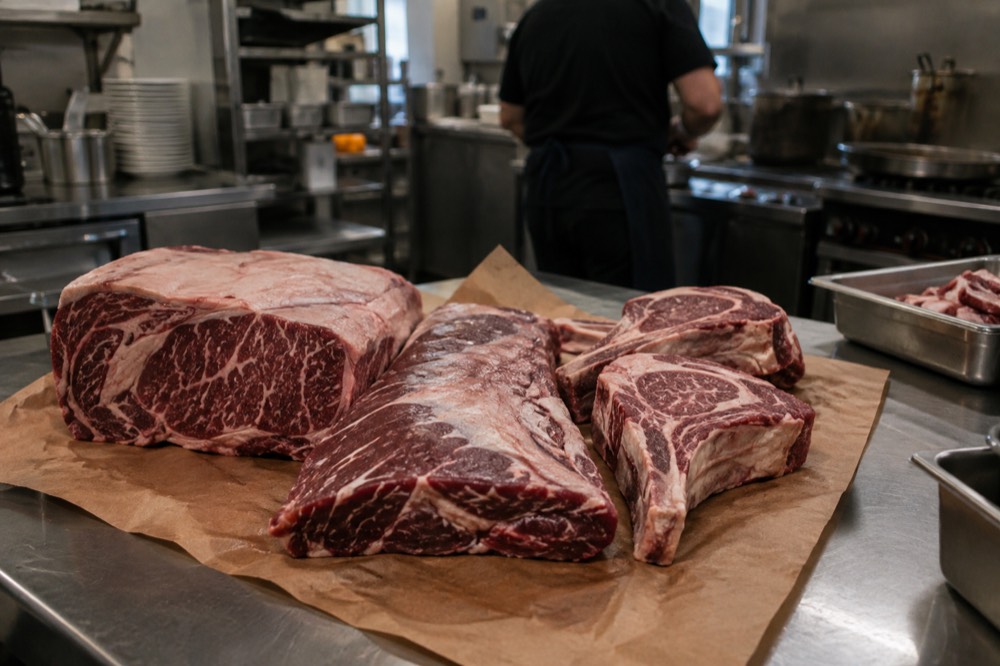 A close-up of marbled raw beef cuts on butcher paper in a restaurant kitchen
