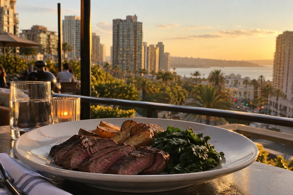 A plated sliced steak with roasted potatoes and greens on a white restaurant plate