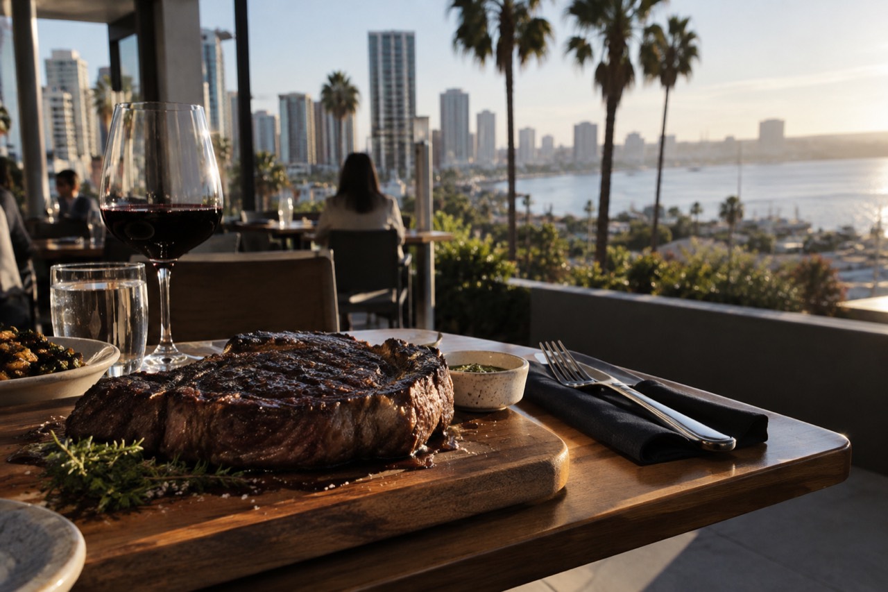 A seared ribeye steak resting on a wooden board beside a glass of red wine on a restaurant table
