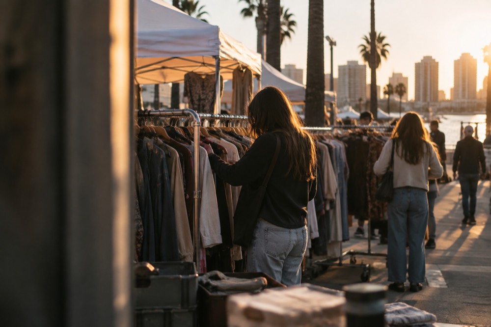 Shoppers browsing racks of secondhand clothing at an outdoor market stall