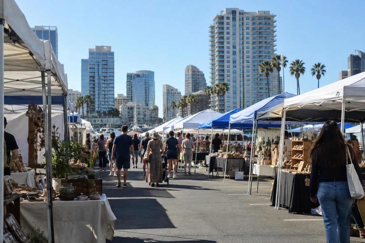 Rows of vendor stalls with canopies in a large open parking lot on a sunny morning