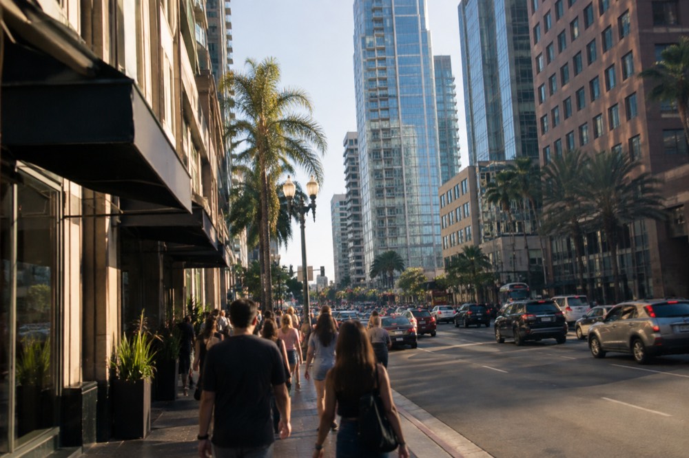 A crowded downtown San Diego street lined with tall buildings on a busy summer afternoon