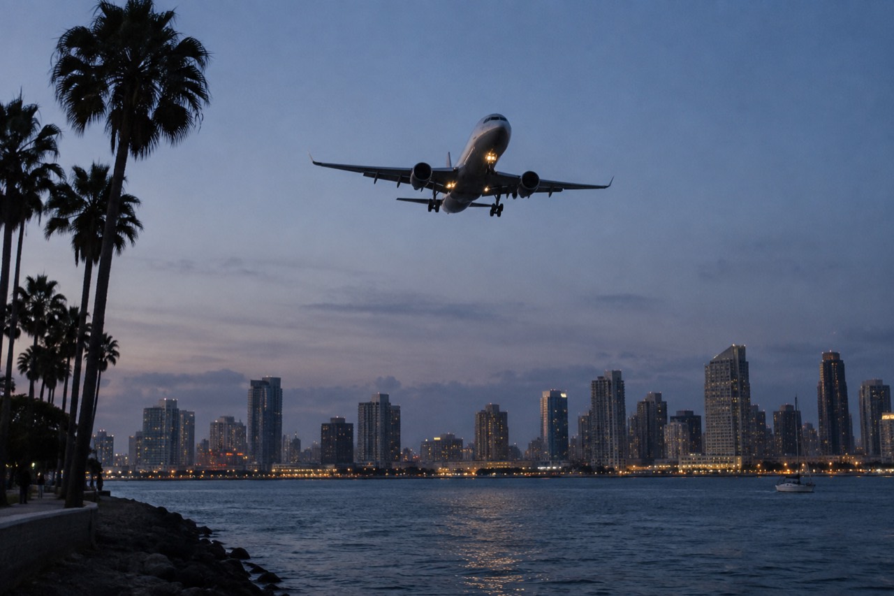 A passenger jet descending over San Diego Bay toward the runway with downtown buildings in the distance