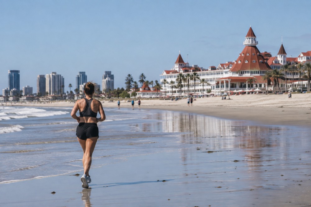 A grand white wooden hotel with pointed red roofs beside a wide empty beach
