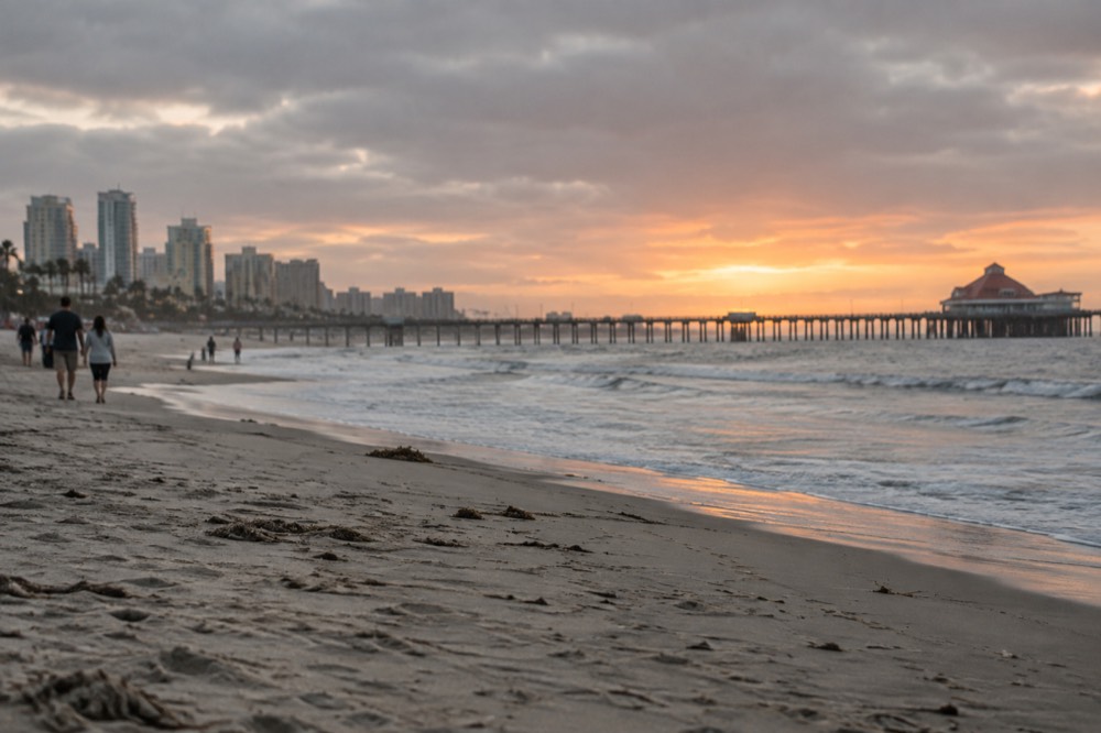 A wide sandy beach at sunset with a long wooden pier and a distant red-roofed hotel