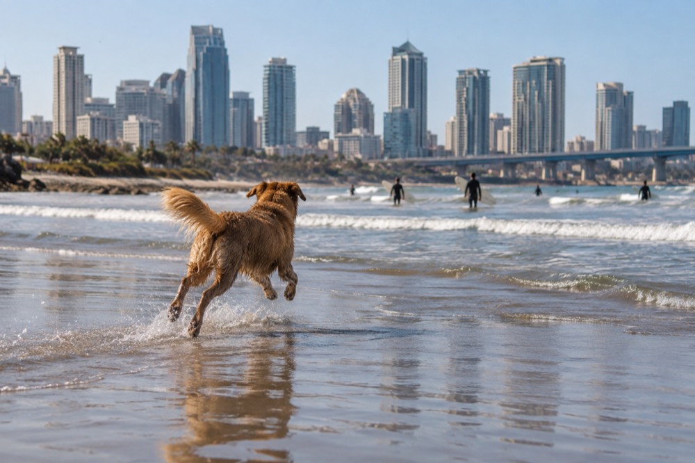 Dog running across wet sand at low tide near a river mouth with surfers in the background