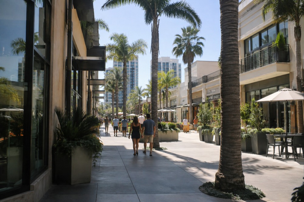 Palm-lined outdoor mall promenade with two-story storefronts and shoppers walking