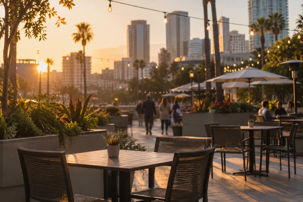 Outdoor mall courtyard with cafe tables, string lighting and landscaped gardens