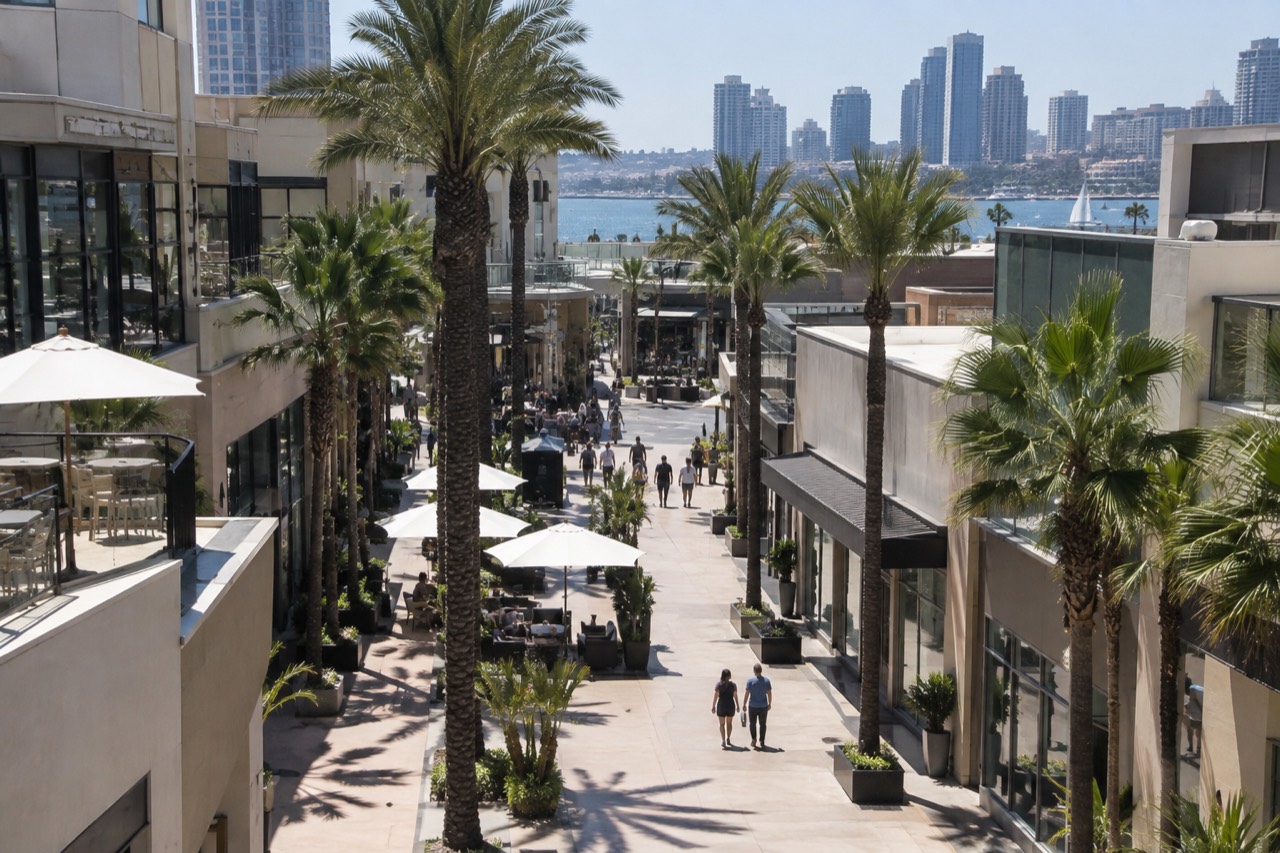 Open-air shopping mall walkway lined with palm trees and storefronts under a clear sky