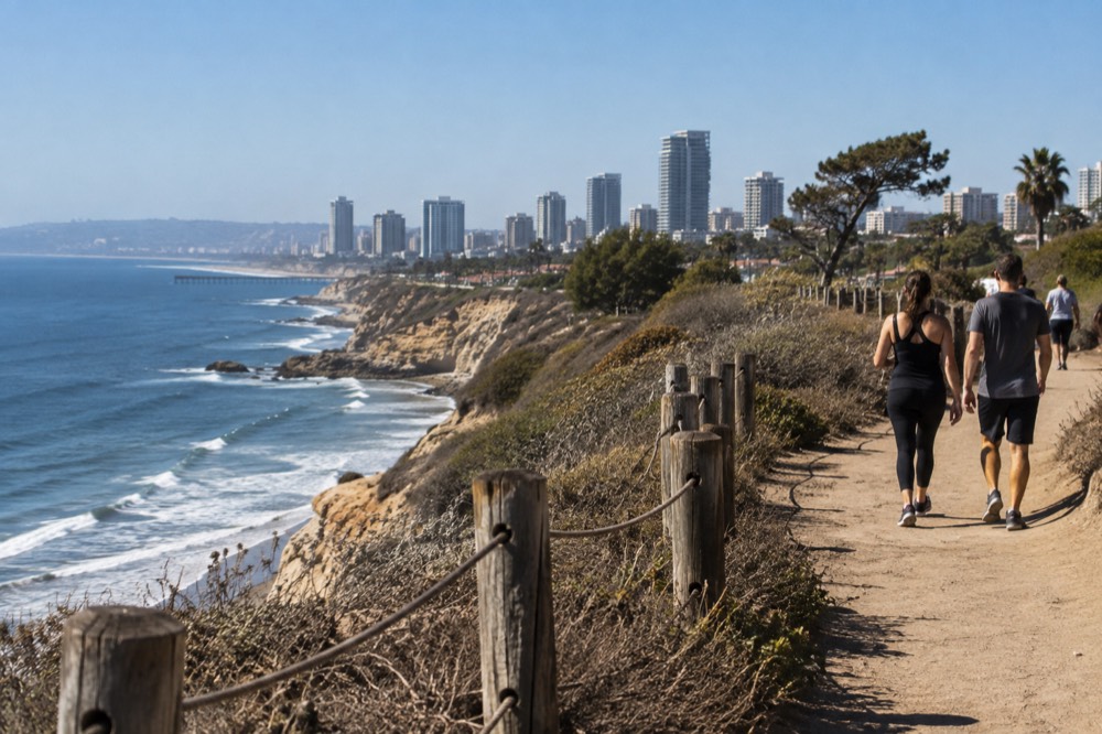 A sandstone bluff trail above the Pacific Ocean with rare pine trees along the coastline