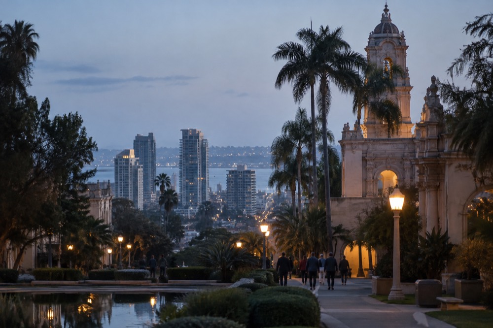 Gardens and ornate Spanish Colonial style buildings along a tree-lined promenade in a large city park