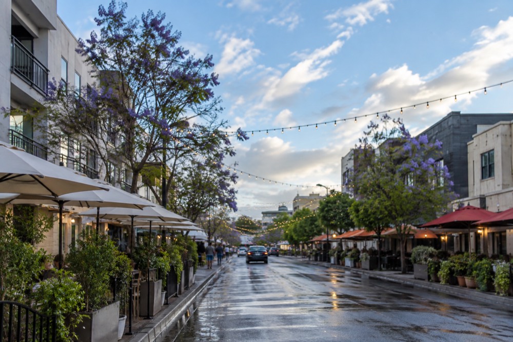 Festoon Street in San Diego's Little Italy lined with restaurants and string lights