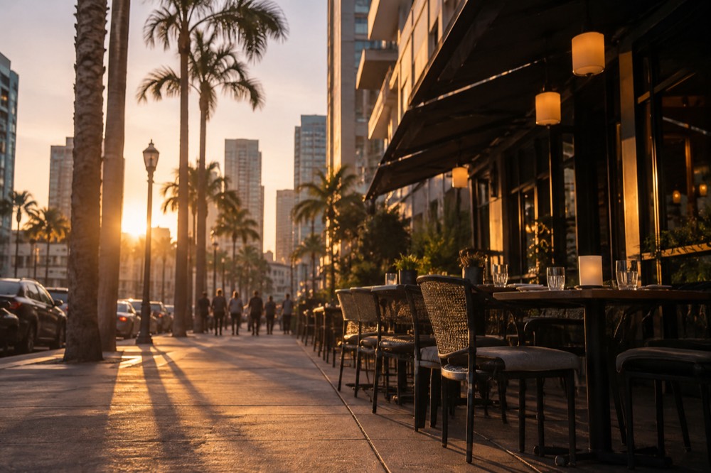 Sidewalk tables outside a restaurant in a San Diego dining district at dusk