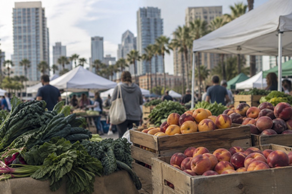 Crates of stone fruit and leafy greens arranged on a farmers market table