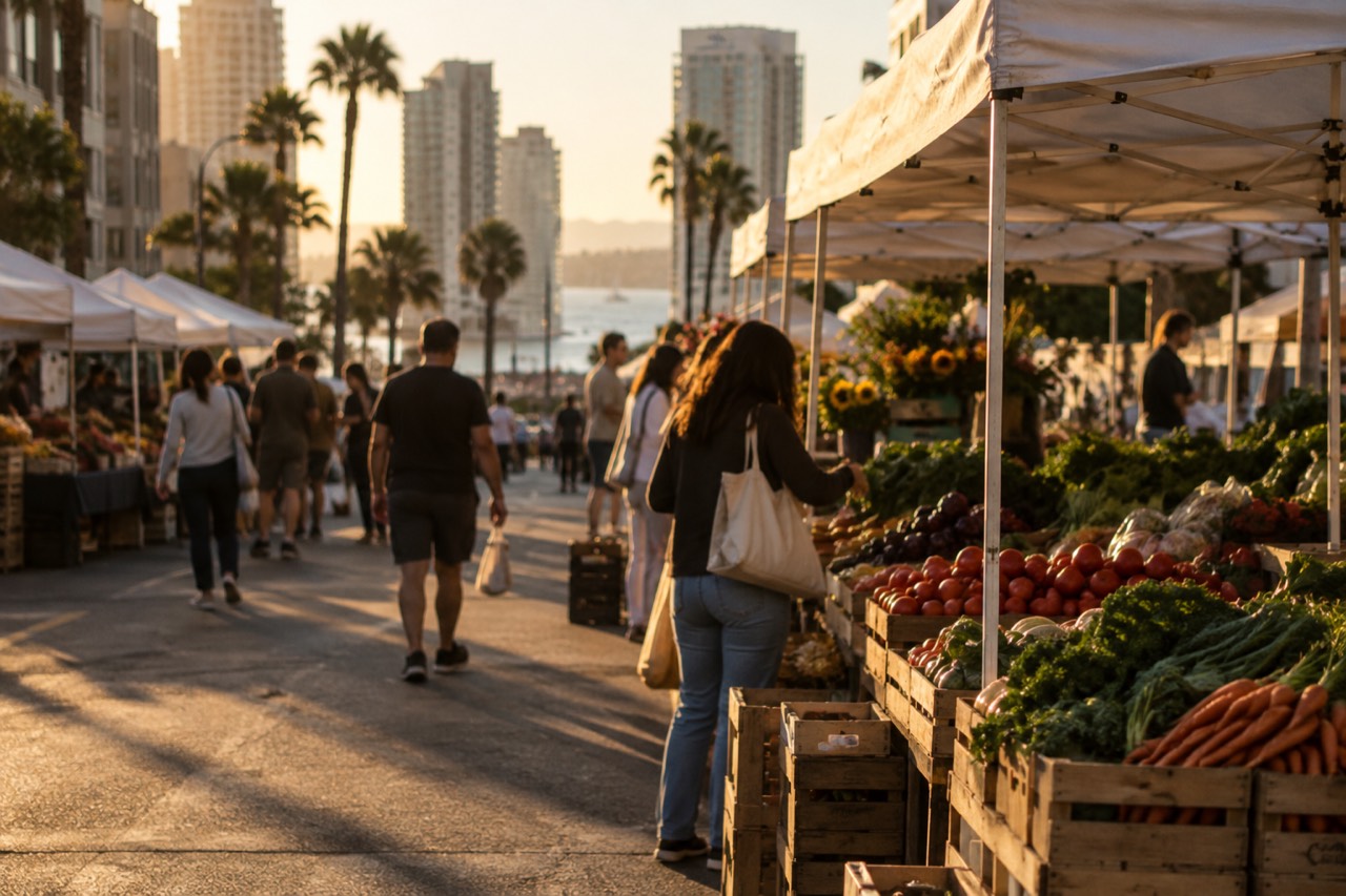 A farmers market stall with crates of fresh produce under white canopies on a city street