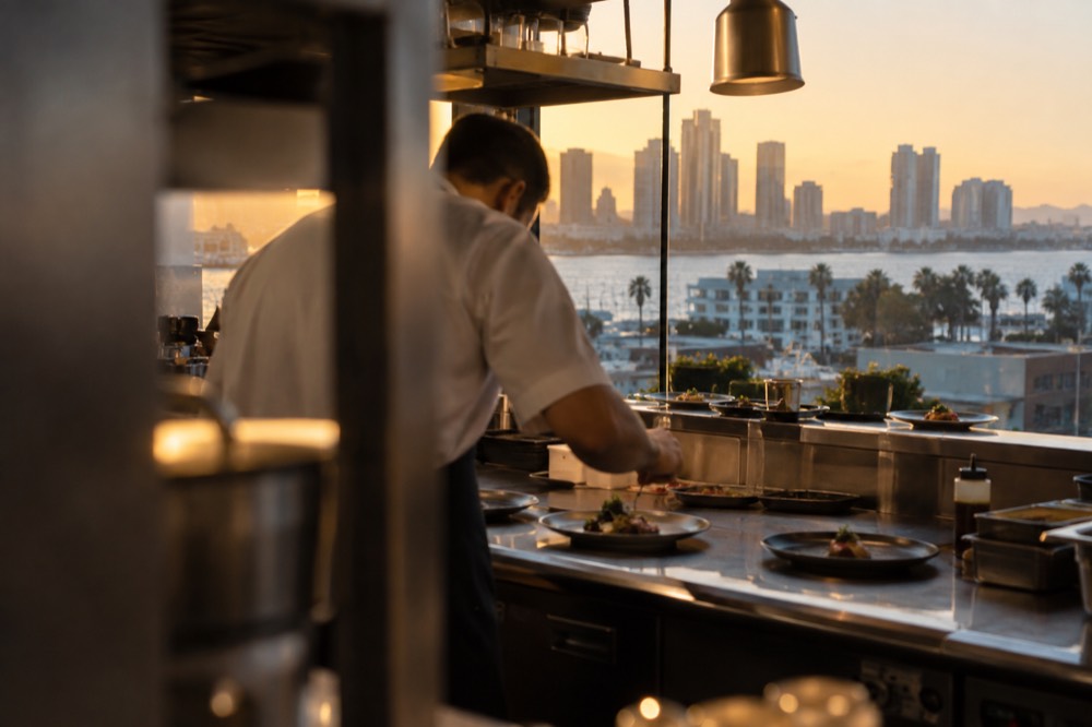 A chef plating an intricate course at a stainless steel kitchen pass